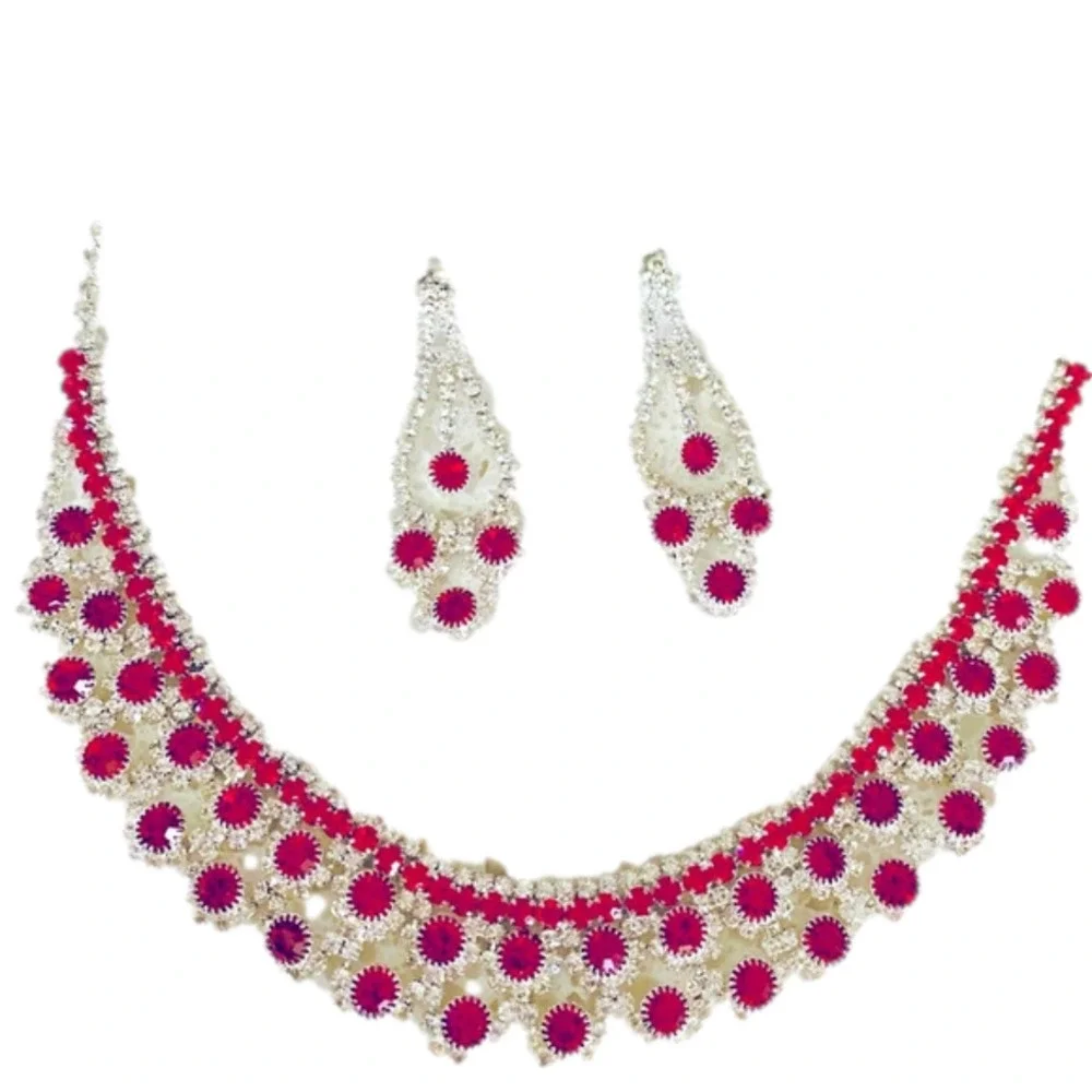 Ruby Red Necklace Earrings Jewelry Set Formal